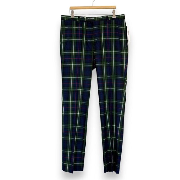 Tartan Plaid Blue Green Pants Preppy Slim Fit Size 32 - Picture 11 of 11